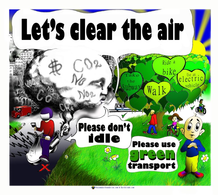 Let's clear the air.  Please don't idle.  Cartoon poster.  