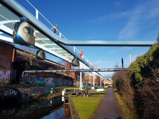pod cars on elevated track over canals in Birmingham