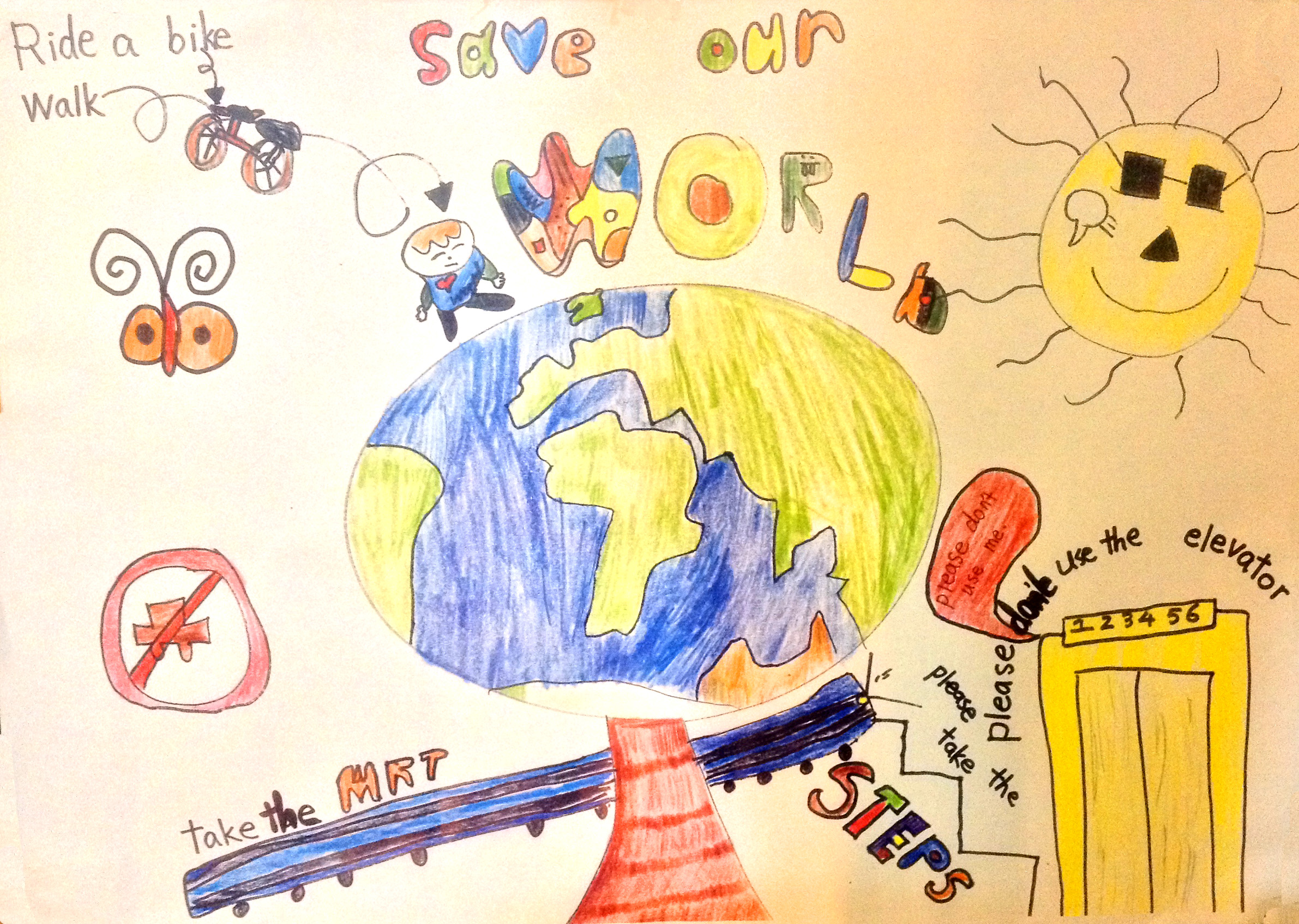 Poster Contest 1st prize. Save Our World Poster, take the elevator, walk, ride a bike